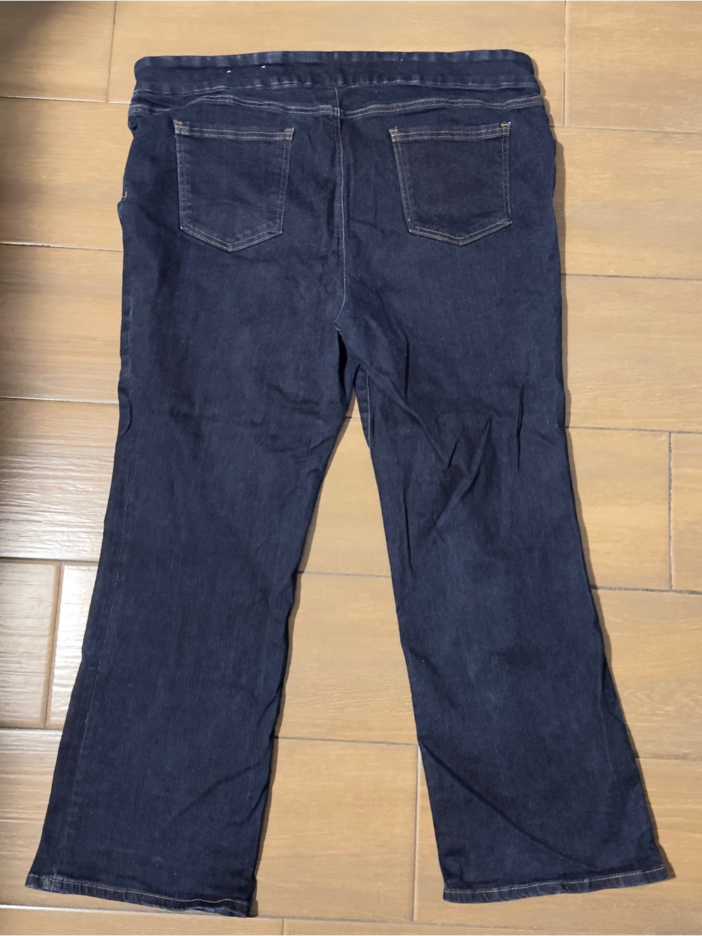 Chico's Pull On Slim Boot Jeans in Dark Indigo with Gold Stitching